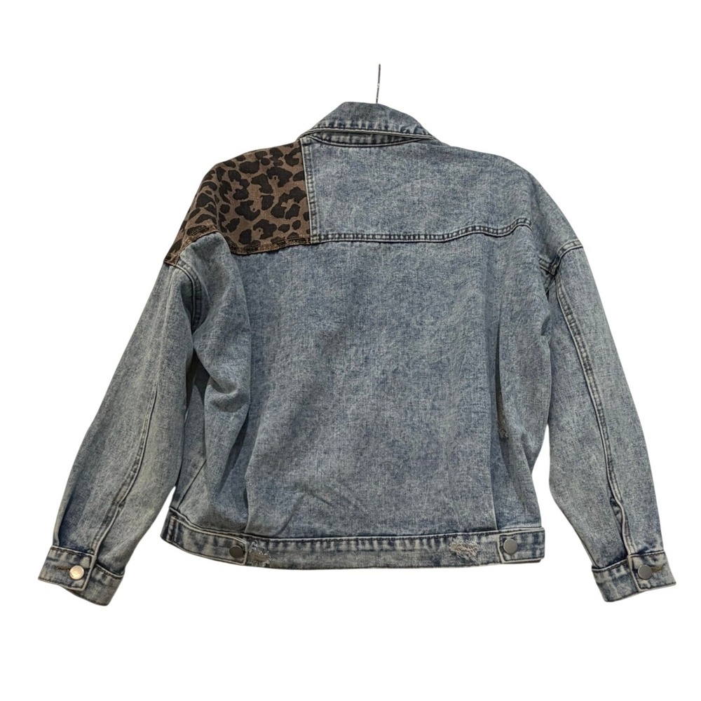 Acid Wash Leopard Print Distressed Oversized Denim Jacket Blue Brown Womens S - Picture 2 of 9